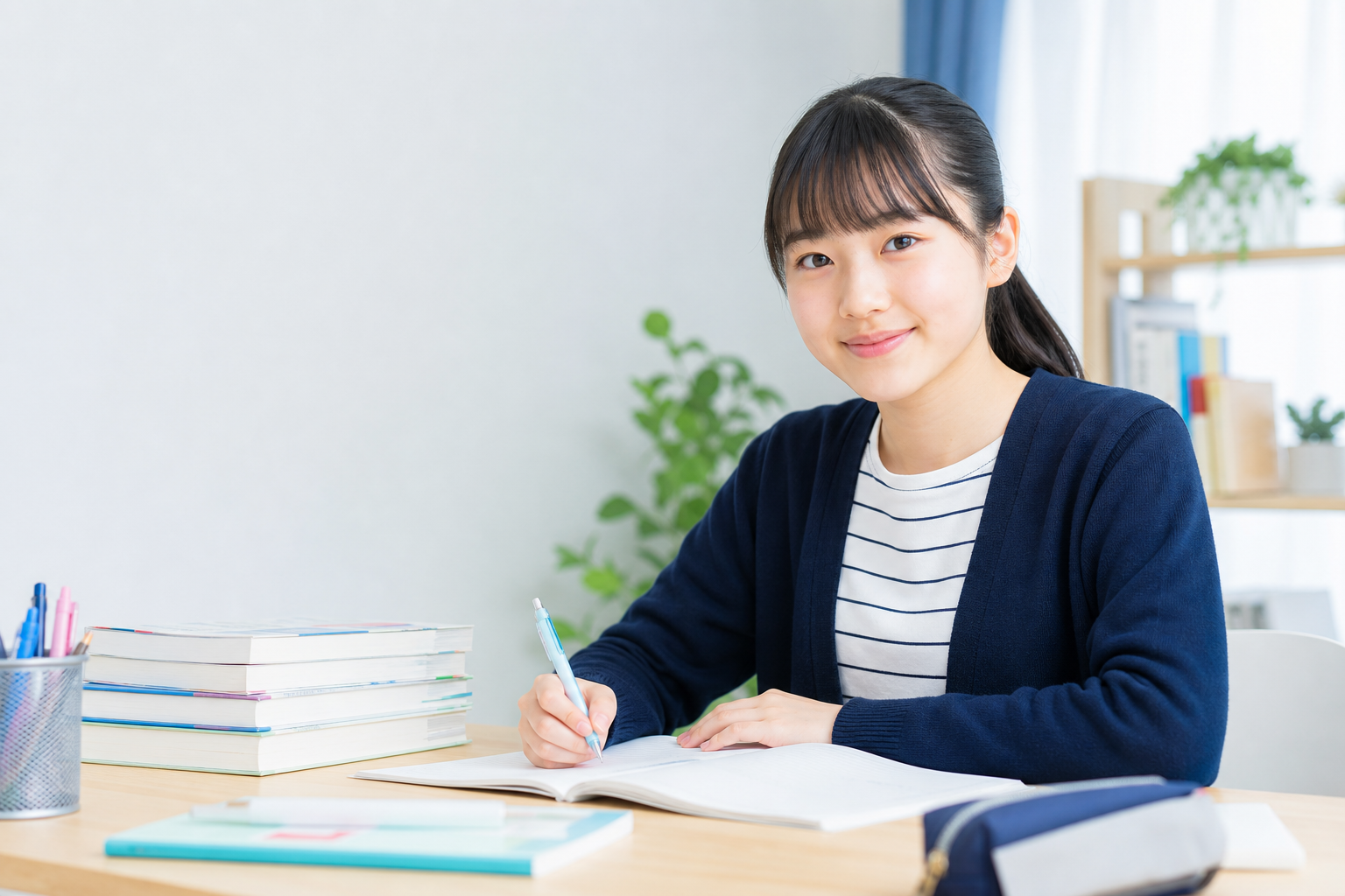 参考書で学習する中学生
