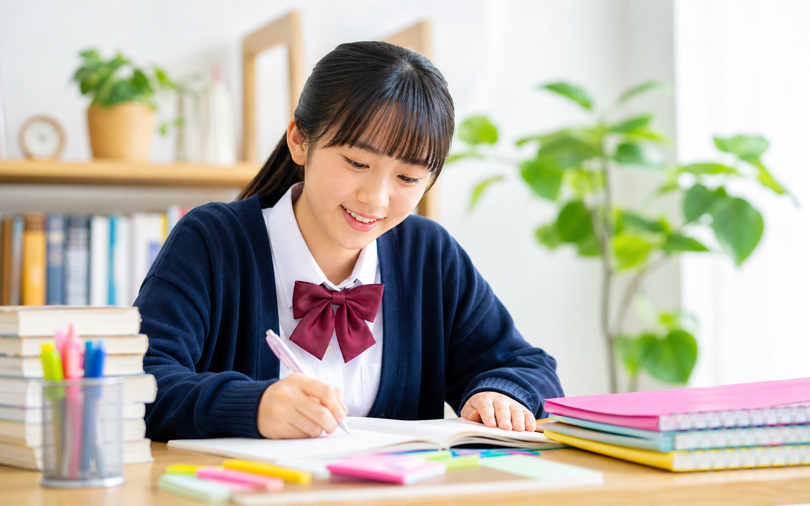 教材を広げて学習する中学生